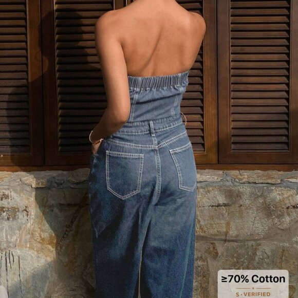NWOT Drawstring Waist Tube Jumpsuit With Wide Leg Jeans - Picture 2 of 6